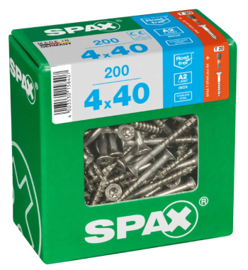 SPAX Edelstahlschraube, 4 x 40 mm, 200 Stück, Teilgewinde, Senkkopf, T-STAR plus T20, 4CUT, Edelstahl rostfrei A2, 4197000400406